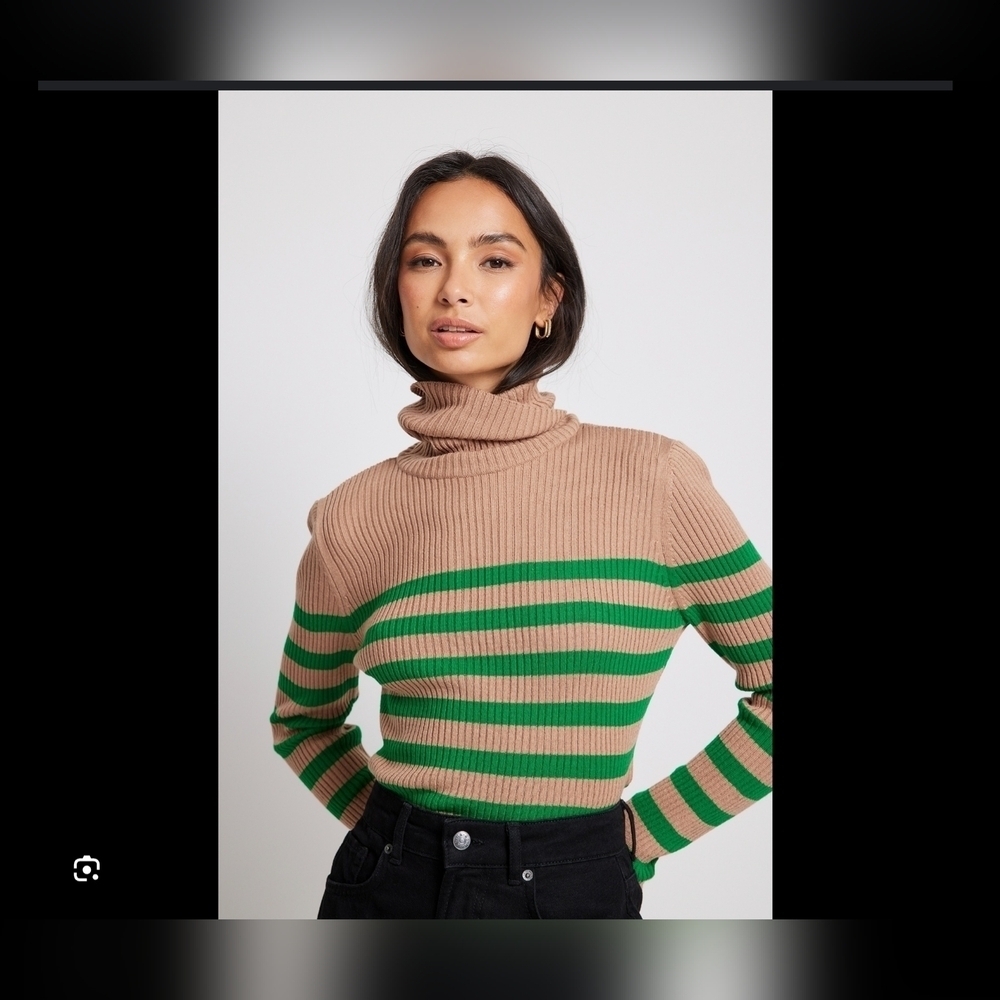NA-KD Preppy Striped Stretch Turtleneck Sweater Green Brown Womens XXS